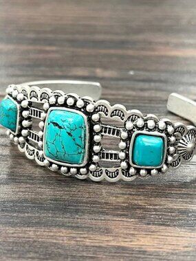 Turquoise Square Concho Cuff Bracelet Western Boho Silver Tone Statement Rodeo